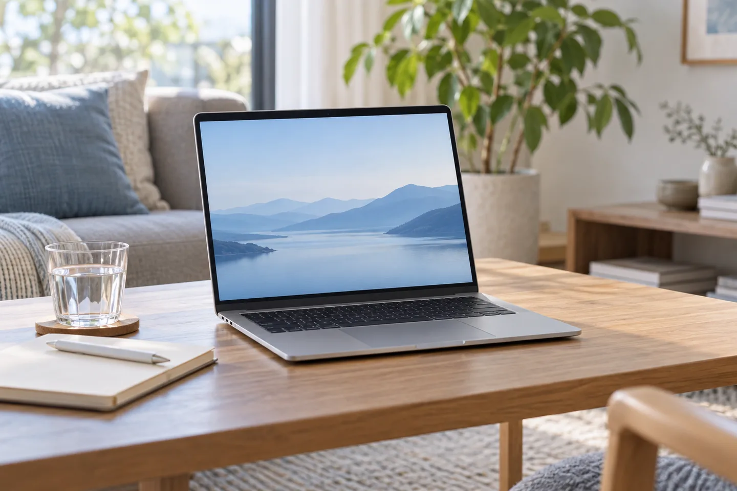 シルバーのノートPCを置いた、自宅の作業スペースのイメージ