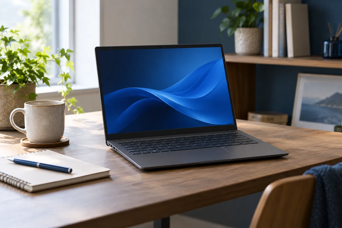 濃いグレーのノートPCを置いた、自宅の作業スペースのイメージ