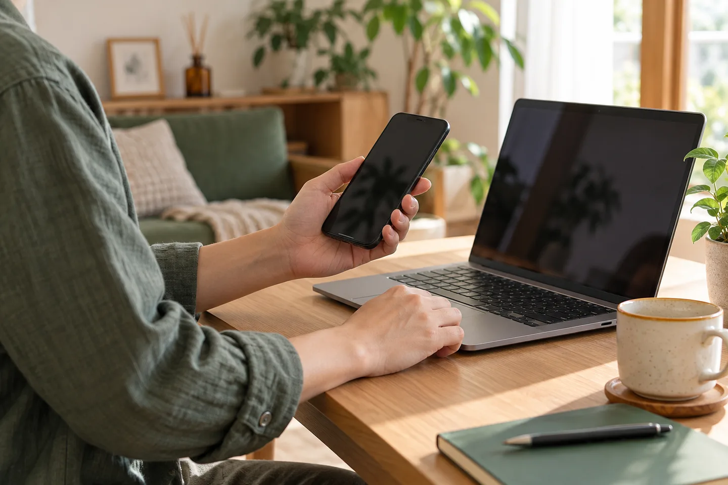 スマートフォンを手に、パソコンと合わせて契約を確認する場面のイメージ