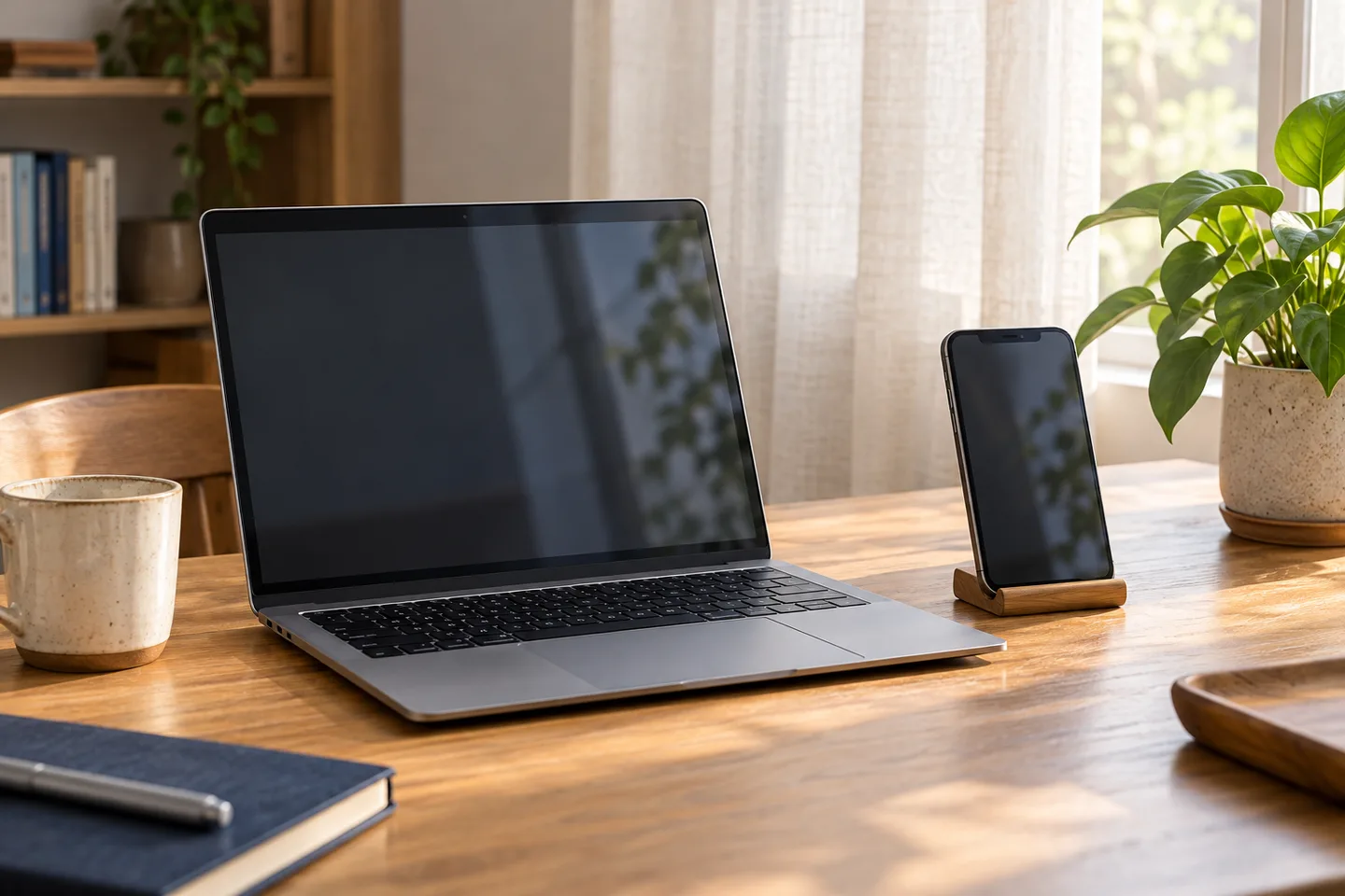 机に置いたノートPCとスマートフォン。自分の端末でVPNを試す利用場面のイメージ